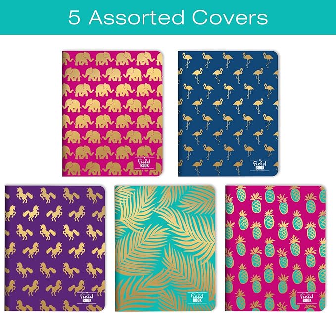 Elan Publishing Company Field Notebook/Journal - 8"x10" - Assorted Patterns Gold Foil - Lined - Pack of 5