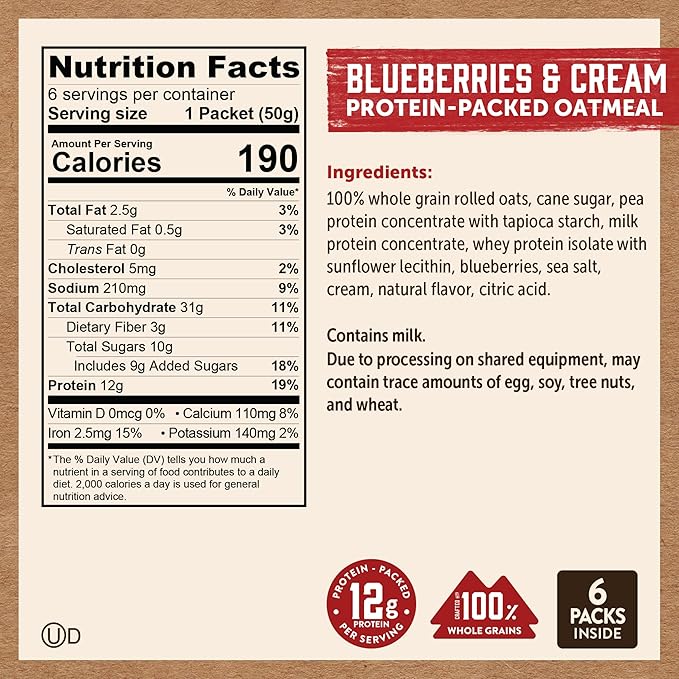 Kodiak Instant Oatmeal Packets, Blueberries & Cream, High Protein, 100% Whole Grains, 6 boxes with 6 packets (36 packets)