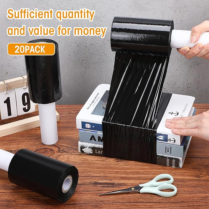 Sherr 20 Rolls 5 Inch x 800 Feet Black Stretch Shrink Wrap Film with Handle 80 Gauge Heavy Duty PE Industrial Plastic Wrap for Packing, Moving, Furniture & Pallet, Self Adhering Packaging Film