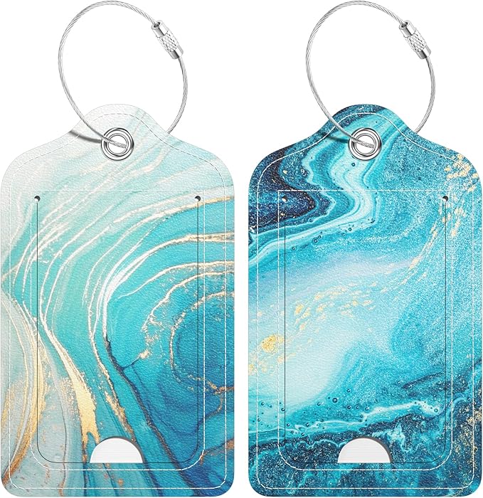 2 Pack PU Leather Luggage Tags for Suitcase, Travel Cruise Luggage Tag with Privacy Flap, Name ID Label and Metal Loop for Women Men Baggage Handbag School Bag Backpack, Blue Ocean Marble