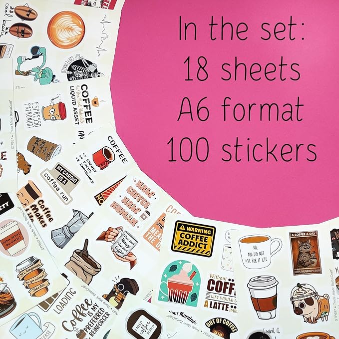 BulbaCraft 100Pcs Funny Coffee Stickers for Planner, Coffee Funny Quote Decals for Laptop, Scrapbook & Water Bottles, Gifts for Women & Men