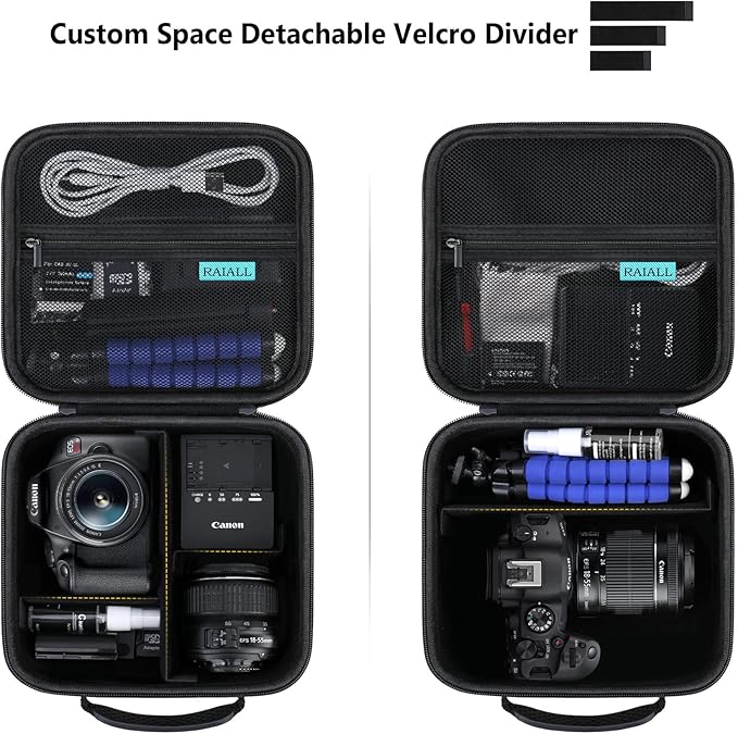 RAIALL Camera Case for Canon EOS Rebel T7/ R50/ R50V/ R100/ R5/ R6 Mark II/ R7/ R8/ R10/RP/T6/ Sony/Nikon D7500 Camera, Hard Carrying Case Protective Travel Bag Fits Lens, Tripod, Batteries, Black