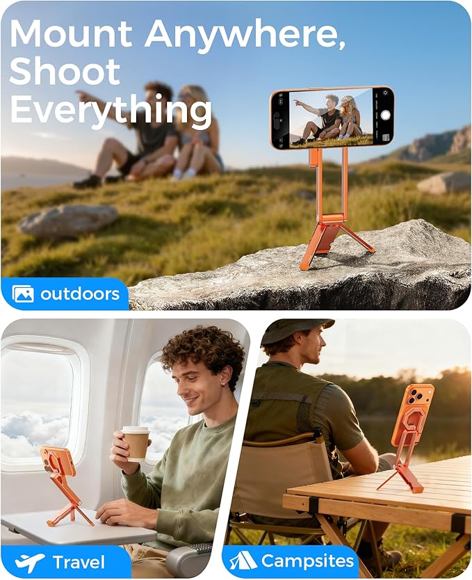 LULULOOK Rugged Magnetic Phone Tripod Stand for iPhone/Pixel 10 - Portable Strong Magnetic Phone Holder for Magsafe - Tripod Mount for iPhone 13/14/15/16/17 Pro Max & Air (Orange)