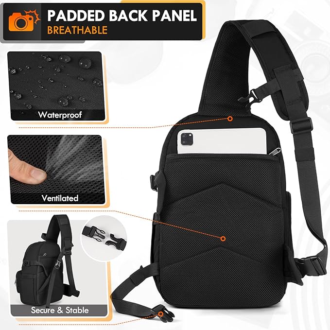 RAINSMORE Camera Bag Small DSLR & Mirrorless Camera Case for Photographers Waterproof Sling Crossbody Camera Bag with Removable Divider & Tripod Holder Fits Canon Rebel/Nikon D3500/Sony A6000 Series
