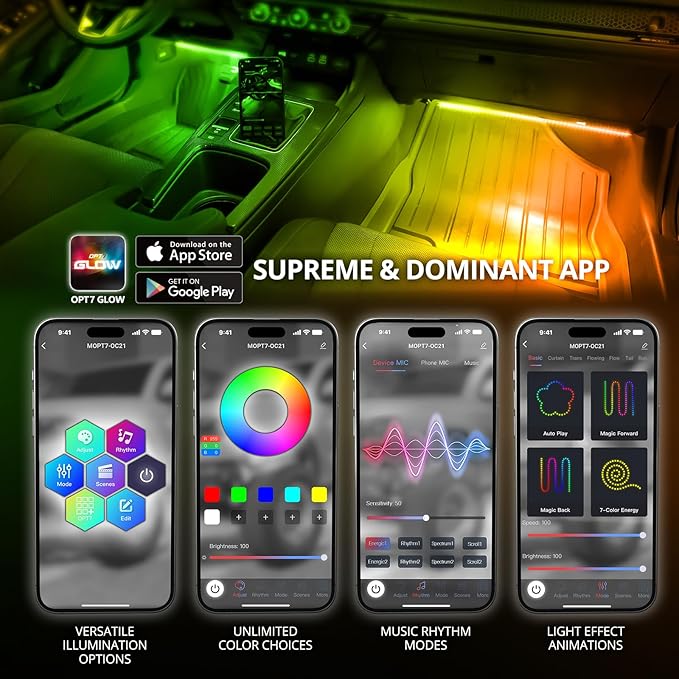 OPT7 Aura DreamColor RGB-IC Car Interior Ambient Light, 6PC Double Row LED Strips, Color Chasing Light Kit w/APP & Remote Control, Universal for Vehicles SUV Trucks Pickups Van