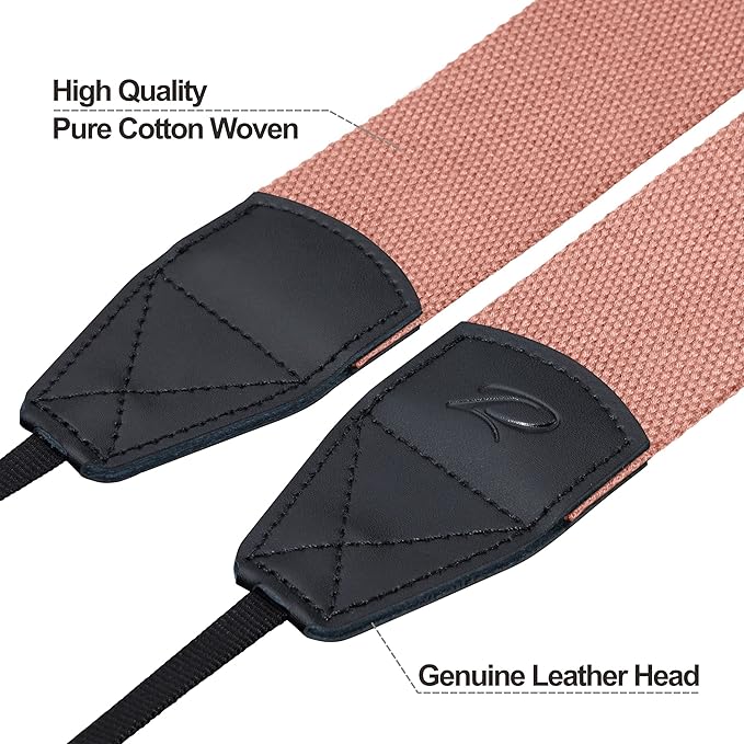 Padwa Lifestyle Pink Camera Strap - 2" Wide Cotton Woven Genuine Leather Head Camera Straps,Complimentary 2 Pcs Quick Release Clips for All DSLR/SLR Cameras, Binoculars and Drone Remote Control