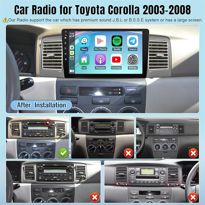 Leadfan Car Radio for Toyota Corolla 2003 2004 2005 2006 2007 2008, with Wireless Carplay, Android Auto, FM, Plug and Play/GPS Navi/SWC (for Corolla 2003-2008 with JBL&Big Screen, 2+32G)