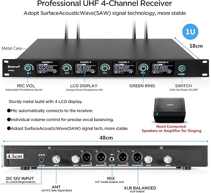 Bietrun 4-Channel Wireless Microphones System with 4 Rechargeable Handheld Mics, UHF Metal Dynamic Cordless Mics for Karaoke, Singing, Church, Family Theater(Auto Connect/295FT Range/Fixed Frequency)
