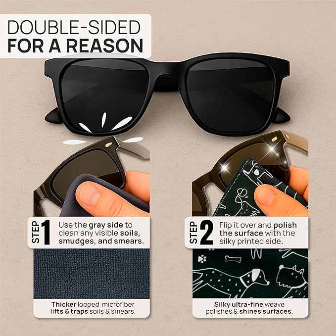Quick Cloth Microfiber Glasses Cleaning Cloths – 5x7, Dogs, 2 Pack with Case | Double-Sided Lens Cleaner for Eyeglasses, Camera, Screens & Glass | Reusable Microfiber Glass Polishing Cloths