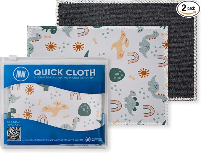 Quick Cloth Microfiber Glasses Cleaning Cloths – 5x7, Dinosaurs, 2 Pack with Case | Double-Sided Lens Cleaner for Eyeglasses, Camera, Screens & Glass | Reusable Microfiber Glass Polishing Cloths