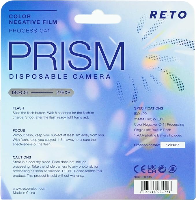 Retocolor Prism 400 35mm Disposable Film Camera 27EXP, ISO400, Color Negative Film, Focus Free, Easy to Use, Built in Flash, Single Use (Film and Battery Included)