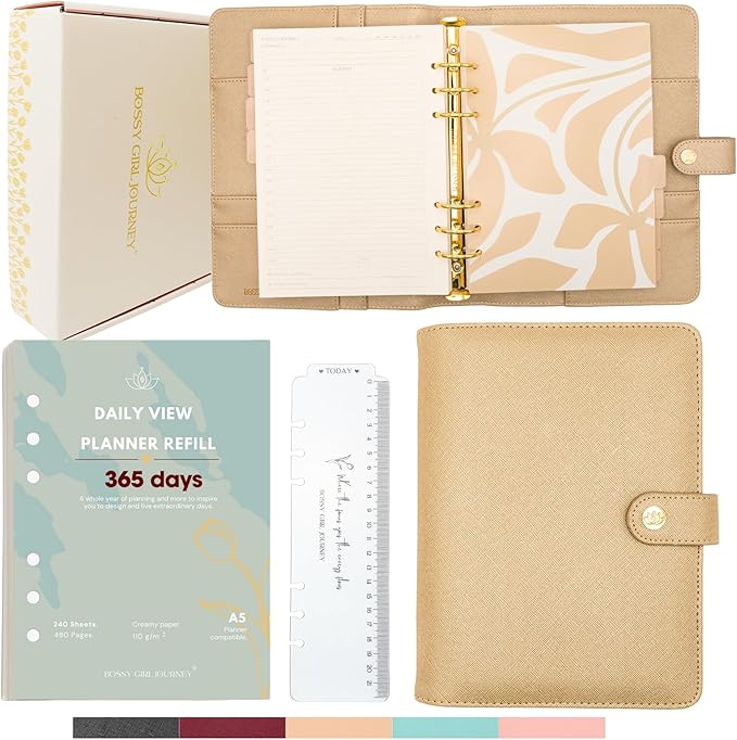 Bossy Girl Journey - A5 Daily Planner Binder – Undated Time Blocking Refillable Organizer for Women with 110gsm Paper, PU Leather Cover, Stickers, Dividers, Pen Loop, Gift Box – Goal Setting & Productivity (Gold)