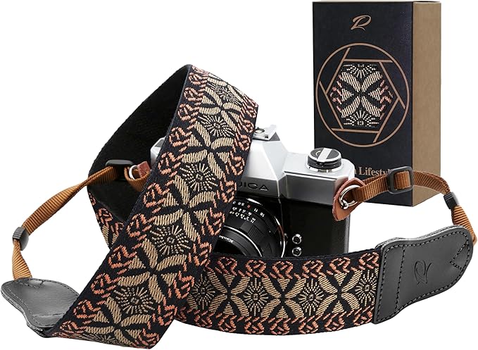Padwa Lifestyle Mystic Grey Embroidered Camera Strap - Double Layer Cowhide Ends,2" Cotton Woven Camera Straps, Adjustable Vintage Neck&Shoulder Strap for All DSLR Cameras,Great Gift for Photographers