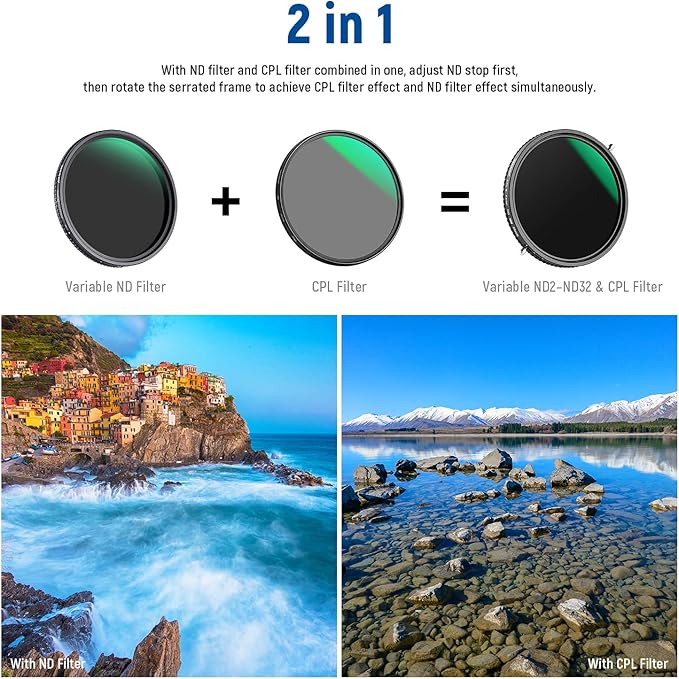 NEEWER 2 in 1 55mm Variable ND Filter ND2–ND32&CPL Filter(Circular Polarizer Filter) No X Cross/30 Layer Nano Coated/HD Optical Glass/Ultra Slim Aluminum Alloy Frame/Water Repellent/Scratch Resistant