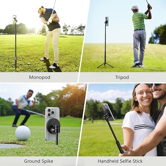 CAMOLOGEEK Monopod and Tripod Selfie Stick to Record Golf Swing Training Aid with Ground Spike Stake & Gopro Adapter & 1/4" Screw, Magnetic Golf Phone Holder Compatible with Magsafe iPhone