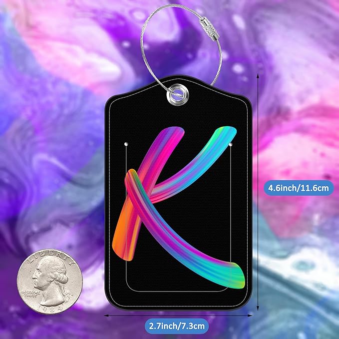 Luggage Tags for Suitcase,2 Pack Neon Colorful Letters Luggage Tags,Leather Baggage Tags Identifiers with Privacy Name Address Labels and Metal Loop for Women Men Girls Travel,Letter K