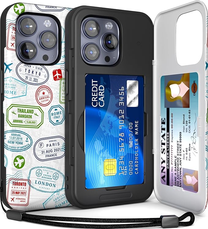 TORU for iPhone 15 Pro Max Wallet Case with Card Holder, Hidden ID Credit Card Slot Flip Kickstand, Slim Fit Shockproof Heavy Duty Phone Cover with Strap - Travel Stamps Pattern