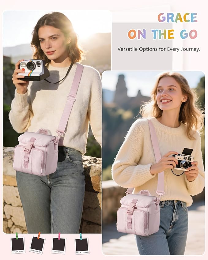 Instant Camera Case Compatible with Polaroid Now 3rd and Go Gen2 Series, Protective Camera Sling Bag with Adjustable Strap and Pockets, Pink