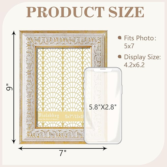 VIOLABBEY 5x7 Picture Frame White, Vintage Photo Frames Ornate without Mat for Tabletop or Wall Hanging