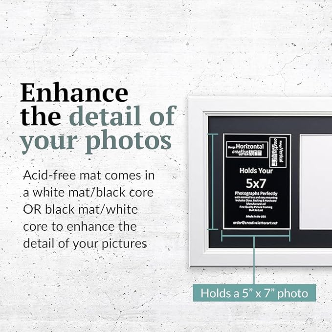 Creative Letter Art 4 Opening Glass Face White Picture Frame to hold 5 by 7 inch Photographs including 10x24-inch Black Mat Collage
