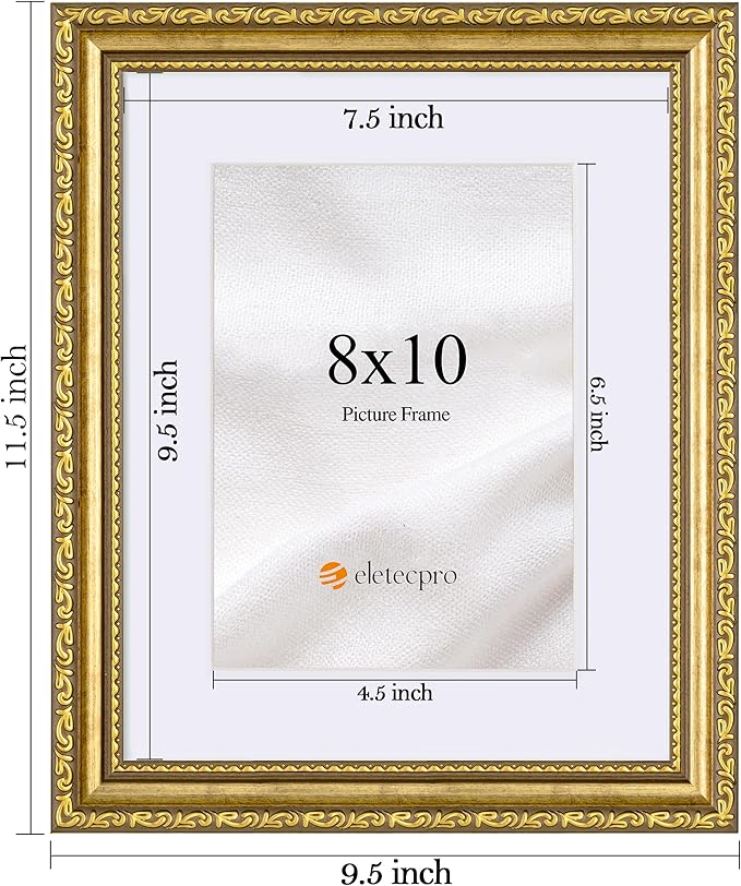 eletecpro 8x10 Picture Frames Set of 4, Gold Frames 8 x 10 with Glass Cover, Vintage Photo Frame Displays 5x7 Photo with Mat or 8x10 without Mat for Tabletop or Wall Decor, Gold
