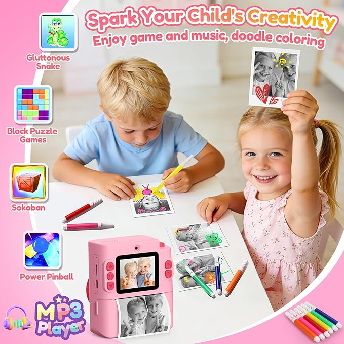 Gift for Girls Kids Camera: Instant Print Dual Lens Digital Camera Toys for Girl 3-12 Birthday Christmas Valentines Gifts for Kid Girls Boys Ages 3 4 5 6 7 8 9 10 with 32G SD Card Storage Bag Pink