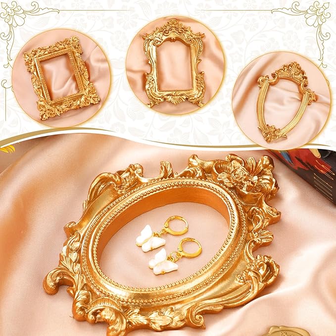 Remerry 10 Pcs Gold Vintage Picture Frame Antique Mini Frame Small Photo Display Miniature Tiny Resin Jewelry Display 4 Inch Wooden Stand for Home Wedding