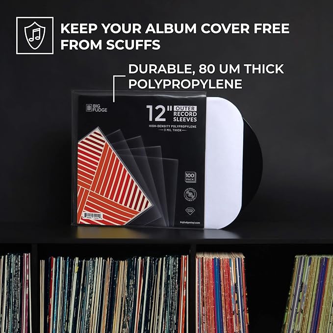 Big Fudge 12" Vinyl Record Sleeves - Outer Sleeves 100 Pack - Crystal Clear High-Density Polypropylene Vinyl Covers - Accessories Protect LP Albums from Dust, Dirt & Scratches