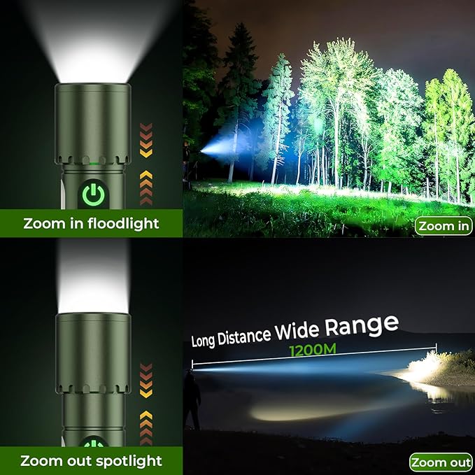 Magnetic Flashlight Rechargeable,2000LM 5000mAh Flashlights High Lumens with 18 Modes,Waterproof, Adjustable,Powerful Flash Light,Multi-Flashlights for Home,Car,Hiking,Camping(1, Green)