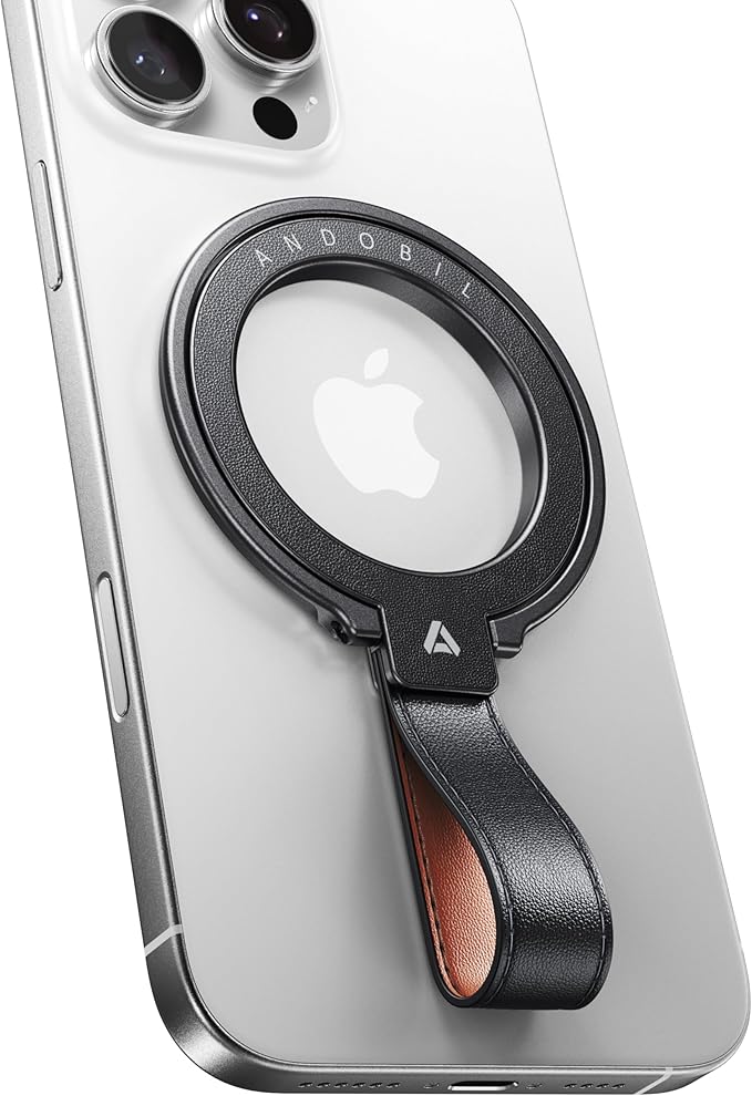 andobil [2025 Premium Leather] Magnetic Phone Grip for MagSafe [Longest Durable] Adjustable Phone Ring Kickstand with Leather Loop Compatible with MagSafe Accessories&iPhone 17/Air/16/15 Pro Max Black