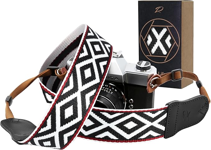 Padwa Lifestyle Camera Strap - 2" Cowhide Head Camera Straps for Photographers,Vintage Jacquard Embroidery Woven Cotton Adjustable Shoulder Neck Straps for All DSLR Cameras(Black White Rhombus)