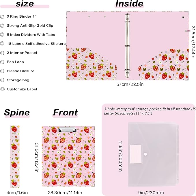 Etzul 3 Ring Binder 1 inch with Clipboard - Pink Strawberry Design, Includes Dividers, File Bag & Spine Label - Cute and Practical for Students and Organizers, Holographic Waterproof Film