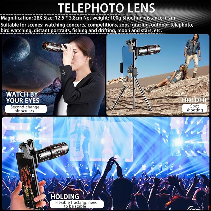 28x Telephoto Smartphone Lens, 3in 1 Lens (Telephoto Lens, Macro & Wide Angle Fisheye Lens) Phone Photography Kit Flexible Phone Tripod, for Smartphones