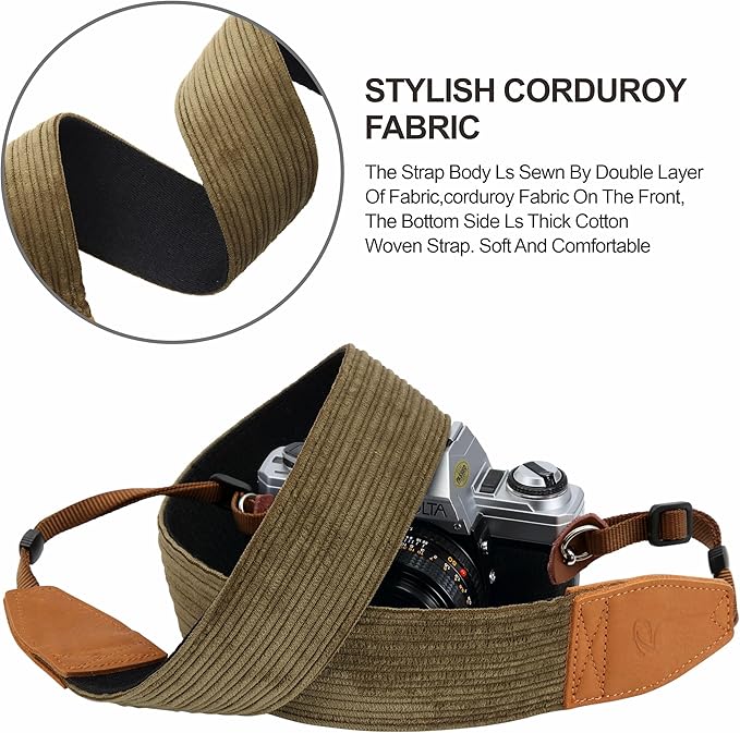 Padwa Lifestyle Olive Green Corduroy Camera Strap - 2" Double Layer Full Grain Cowhide Leather Head Camera Straps for Photographers, Unique Soft Corduroy Fabric with Quick Release fits all Cameras