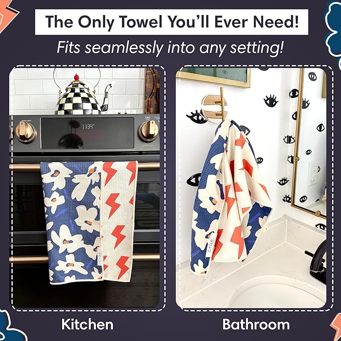 Reversible Microfiber Towel - Ultra Absorbent, Quick-Drying Hand Towels - Modern Design, Scratch-Free, Lint-Free for Kitchen, Bathroom, Car Cleaning - 19x29 Inches, Set of 1 (Aqua Daisy- Blue/Orange)