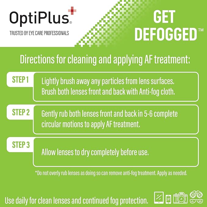 OptiPlus Anti Fog Cloth for Eyeglasses, Goggles, and Shields | Premium Reusable Anti-Fog Treatment | 1 Cloth 100 uses | Anti-Fog for All Lenses