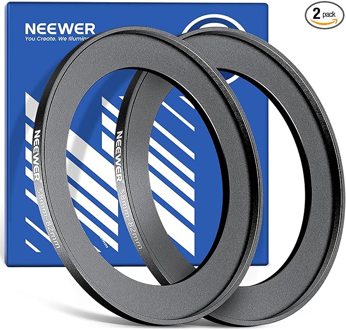 NEEWER 58-82mm Step Up Ring Adapter (2 Pack) with Cleaning Cloth, Ultra Slim Aluminum Alloy Lens Filter Adapter Ring for 58mm Camera Lens to Use 82mm Filter