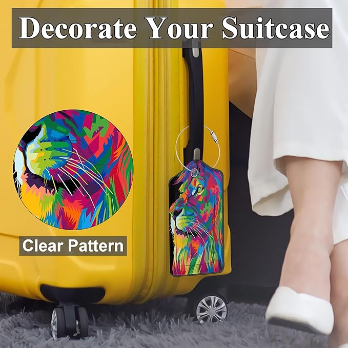 Colorful Pop Art Lion PU Leather Luggage Tags for Suitcase, Travel Cruise 2 Pack with Privacy Flap, Name ID Label and Metal Loop for Women Men Girls Baggage Backpack