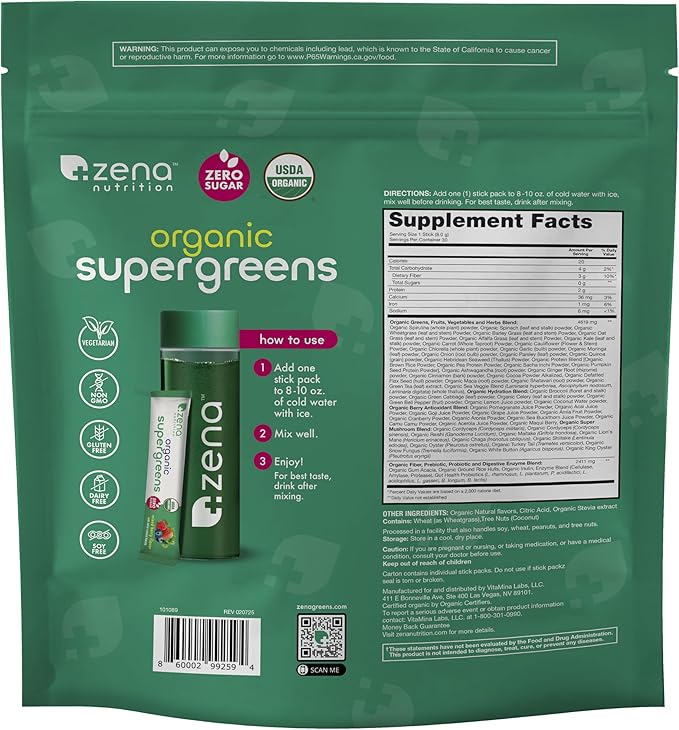 Zena Nutrition Organic Super Greens Powder, 70+ Superfoods, 0 Sugar, 3g Fiber, Spirulina, Chlorella, Mushrooms, Prebiotics/Probiotics, Digestive Enzymes, Gut Health, Mixed Berry, 30 Drink Mix Packets