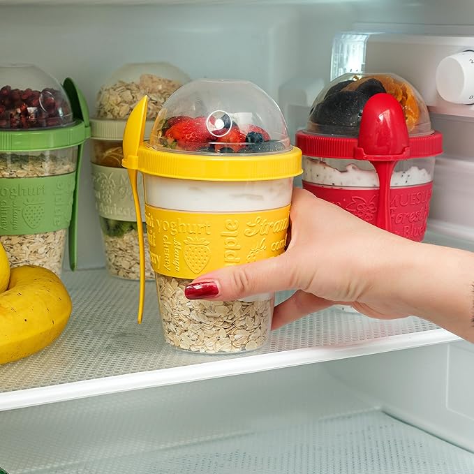 Crystalia 4 Pack 20 oz On The Go Yogurt Parfait Cups with Lids & Spoons, Overnight Oats Containers/Jars, Oatmeal Container to Go with Topping for Cereal, Milk, Yogurt, and Fruit Salad Storage (Large)