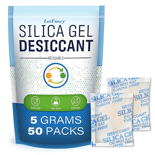 LotFancy 5 Gram (50 Pack) Silica Gel Packets, Color Indicating Desiccant - Rechargeable Moisture Absorbers for Food Storage, Electronics, 3D Filament & Gun Safes