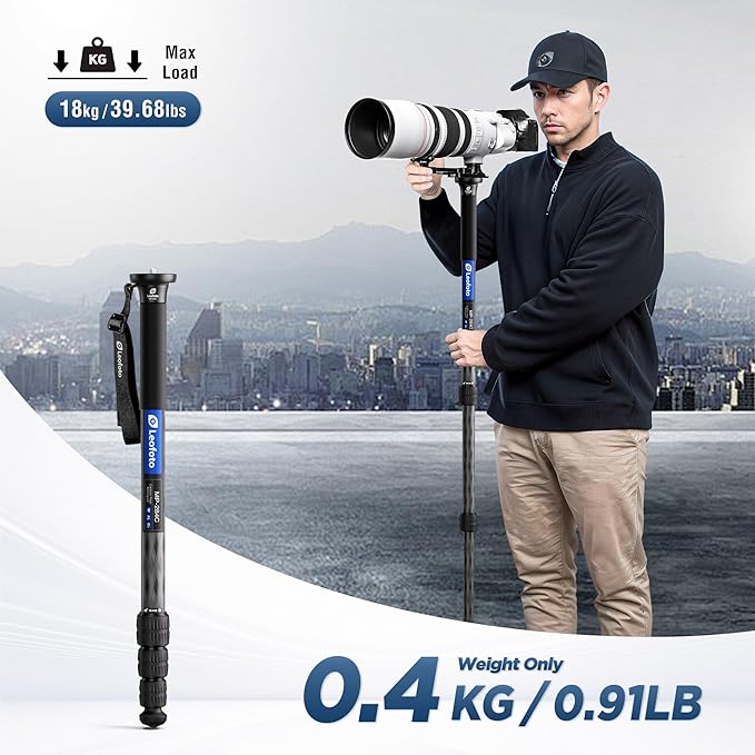 LEOFOTO 65" Lightweight Travel Carbon Fiber Monopod, 4 Section Professional Video Monopod with Wrist Strap for DSLR Mirrorless Camera, Max Load 18kg/39.68lb