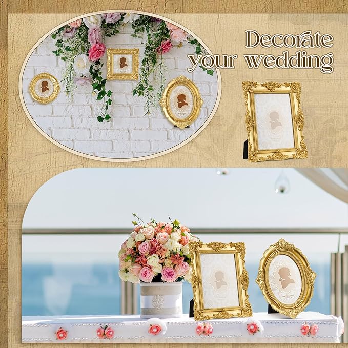 4 Pcs Vintage Picture Frames 5x7 4x6 4x4 inch Baroque Gold Resin Photo Frames with Glass Front Ornate Wall Hanging and Tabletop Display for Retro Home Decoration Wedding Gallery Hotel(Floral)