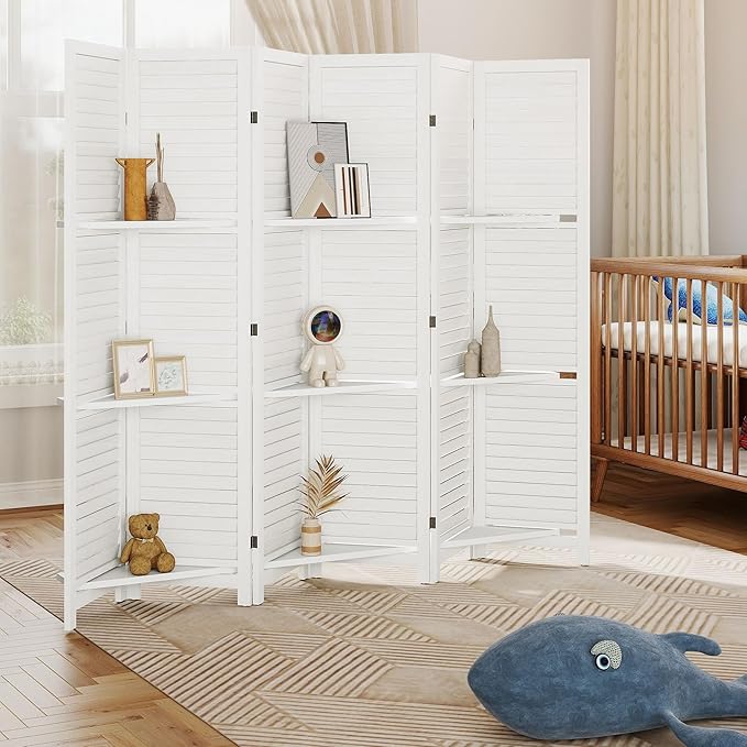 HOMCOM Room Divider, 6 Panel 67" Tall Wood Privacy Screen with 3 Display Shelves, and Folding Storage for Bedroom or Home Office, White
