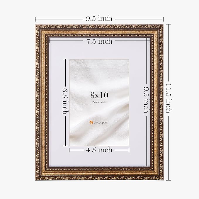 eletecpro 8x10 Picture Frames Set of 4, Gold Frame with Glass Cover, Vintage 8 x 10 Photo Frames Display 5x7 Photo with Mat or 8x10 without Mat for Tabletop or Wall Decor, Bronze Gold