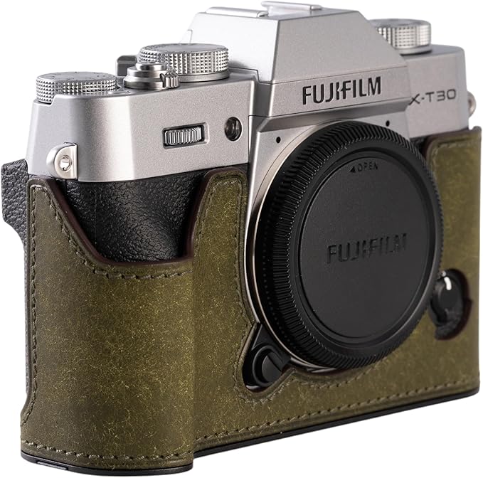 Handmade Genuine Leather Camera Half Case for FUJIFILM X-T30III /FUJIFILM X-T30III Camera Case/FUJIFILM X-T30III Case - Top Layer Cowhide Body + Metal Base Plate (Matte-Green)
