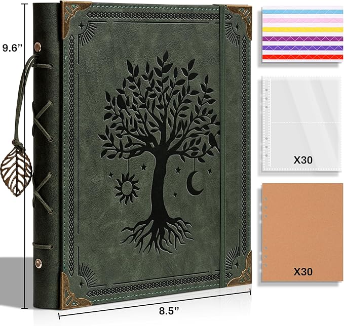 Vintage Photo Album 4x6 Leather Scrapbook Album with Writing Space 120 Photos & 30 Sheets DIY Paper Memory Albums Book for Anniversary Travel Vacation Family Tree, Green
