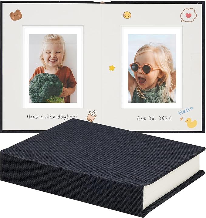 Vienrose Polaroid Photo Album with Writing Space – 2x3 Photo Album for Instax Mini & Polaroid Go, 26 Pockets Wedding Travel Scrapbook, Small Linen Album for Instant Photos, Dark Gray
