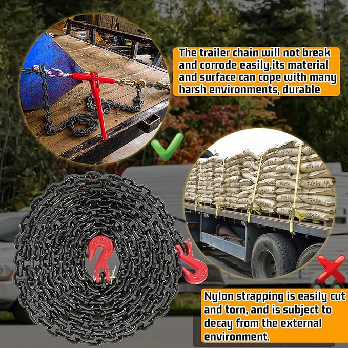 1/4" Log Chain- 20FT Heavy Duty Chain with 3300 Lbs Safety Load |G80 Trailer Binder Safety Chain with G70 Clevis Grab Hooks for Transporting|Towing Truck Tie Down Binding Equipment(EP Black)