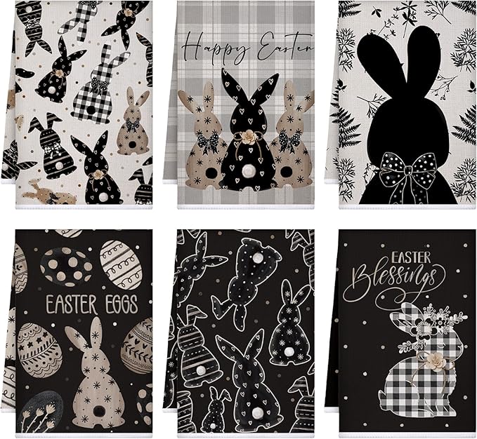 Preboun 6 Pcs Easter Eggs Kitchen Towels Retro Bunny Dish Hand Towels Black White Plaid Easter Themed Dish Cloth House Decorative Farmhouse Tea Cloth Absorbent for Home Kitchen Bathroom Decor